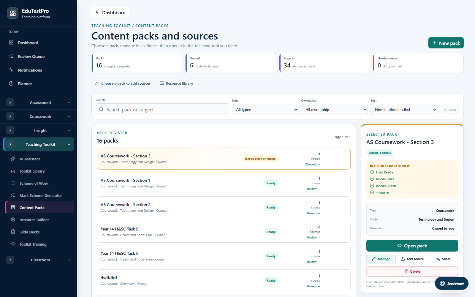 EduTestPro content-pack register and source-management workspace