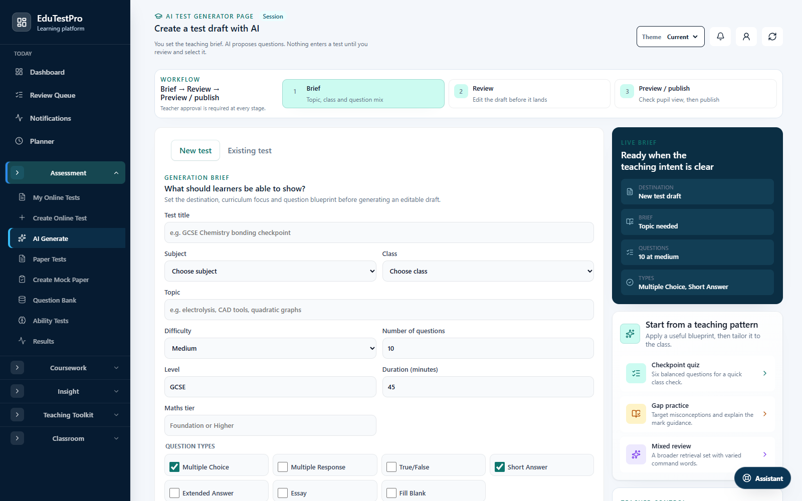 EduTestPro test-generation brief with review and publish stages